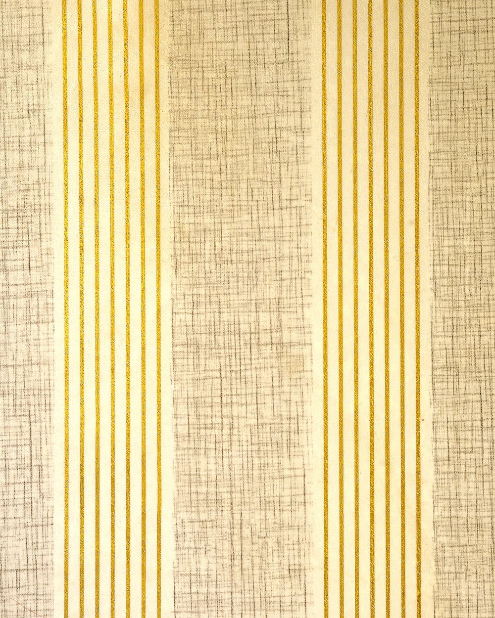 Close view of cream wallpaper with fine gold vertical stripes and a woven linen texture